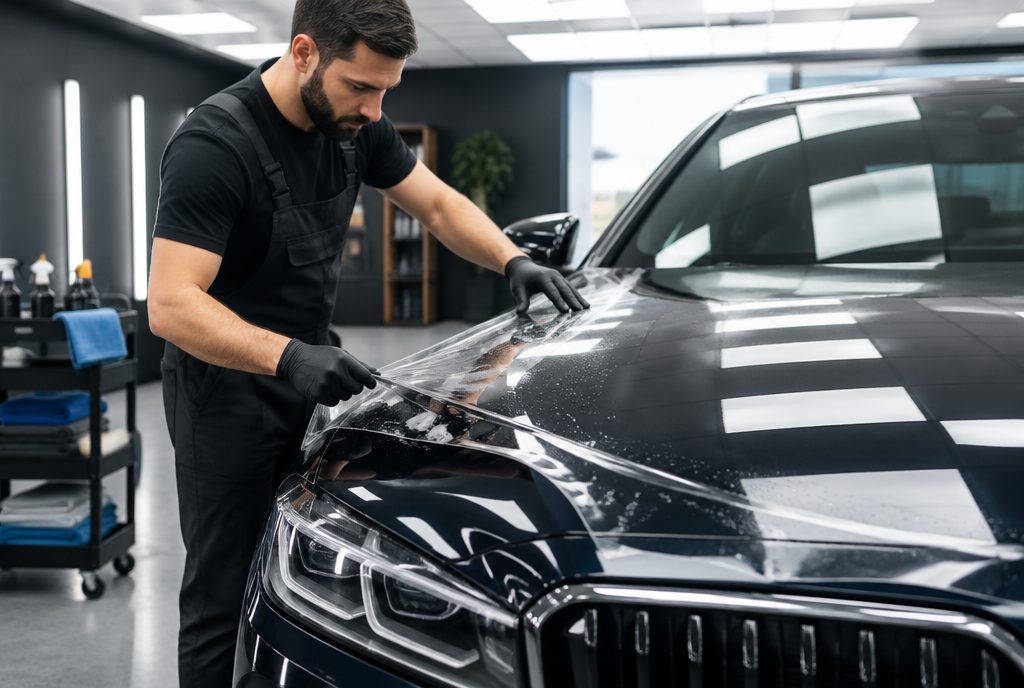 Auto detailing SEO: detailer finishing a car in a detailing studio