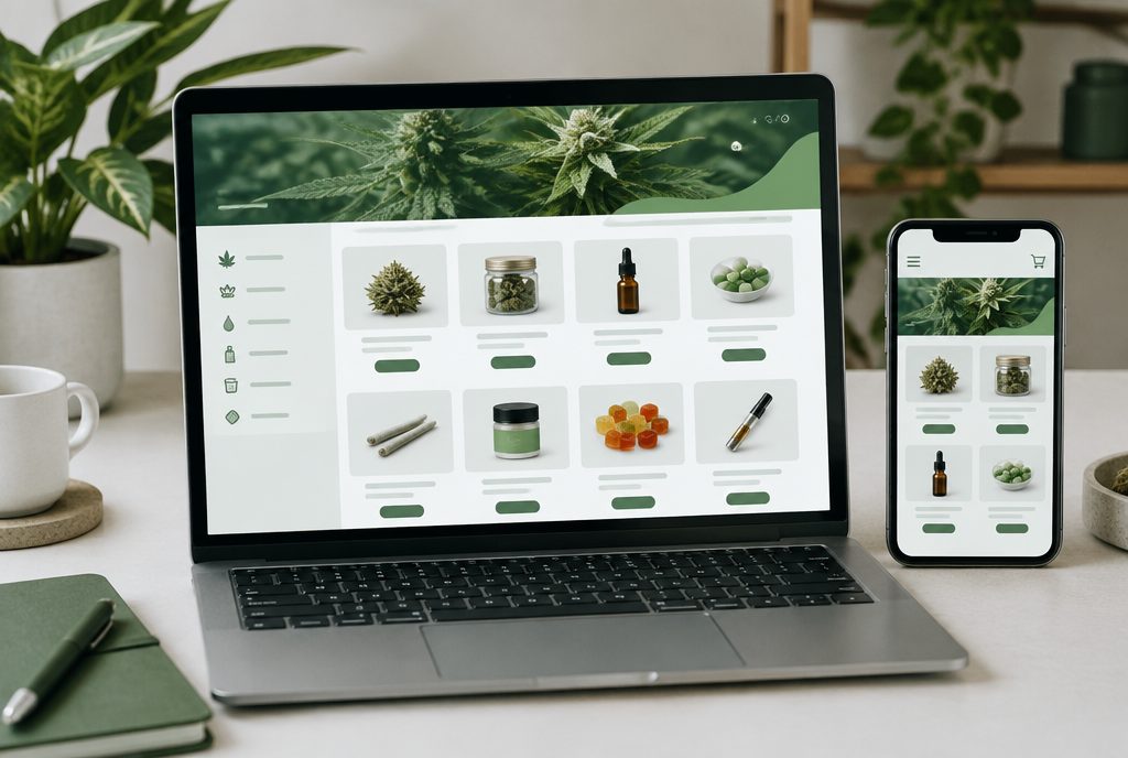 Dispensary website menu on laptop and phone