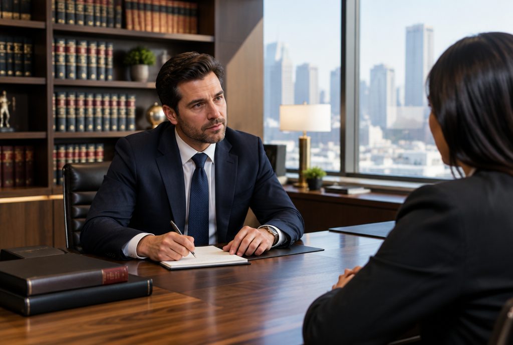Attorney meeting a client in a law office