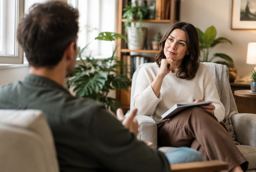 Rehab center SEO: counselor speaking with a client in a calm office