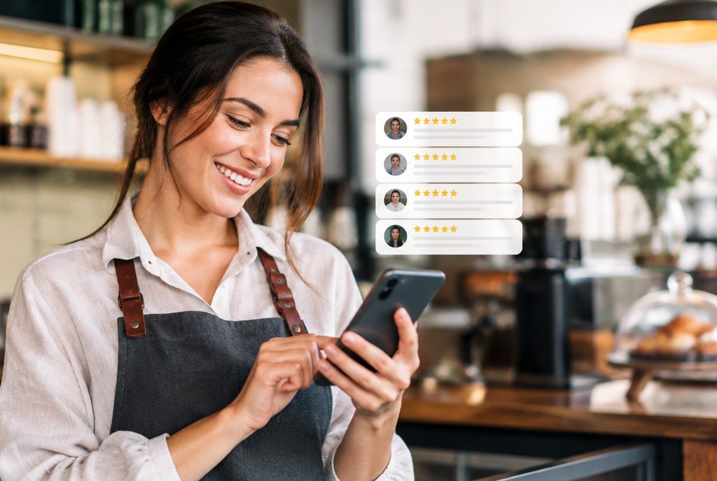 Reputation management Los Angeles: business owner reviewing five-star reviews