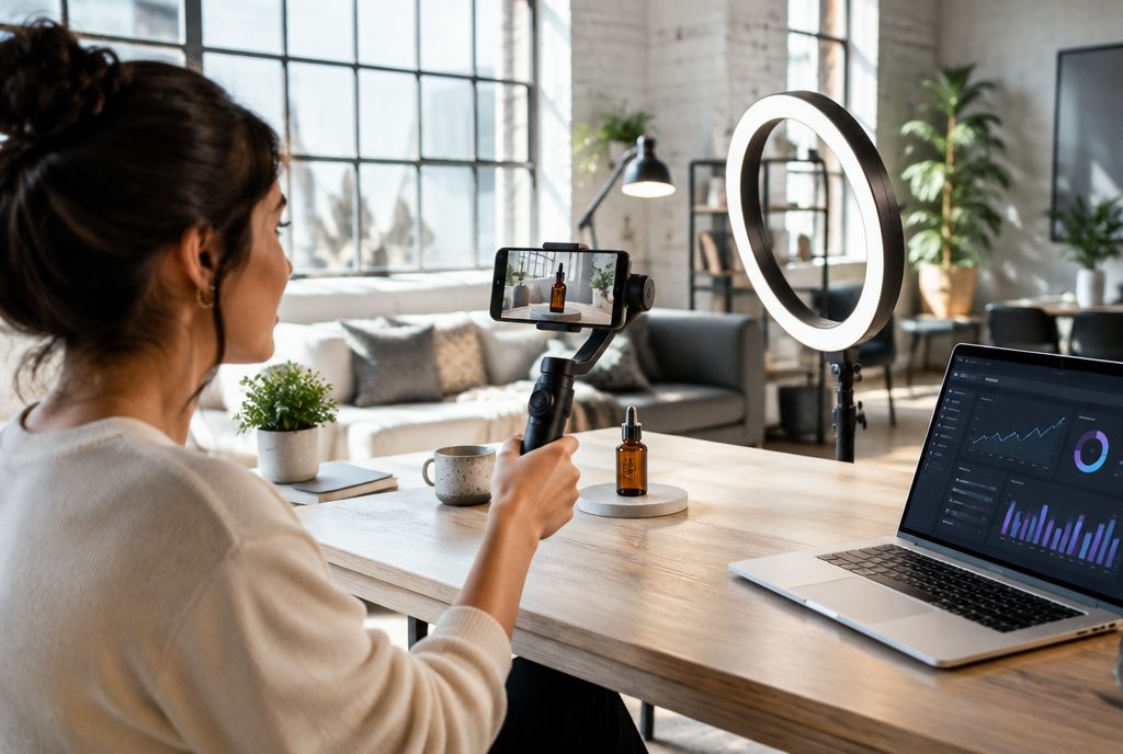Social media marketing Los Angeles: content creator filming with a ring light