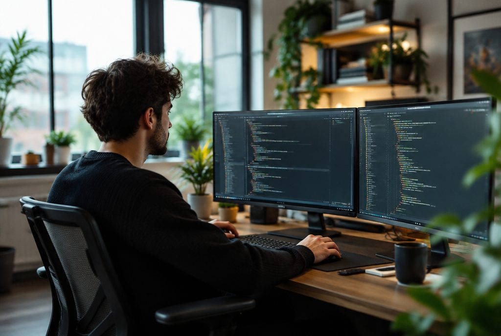 Web development Los Angeles: developer writing code on dual monitors
